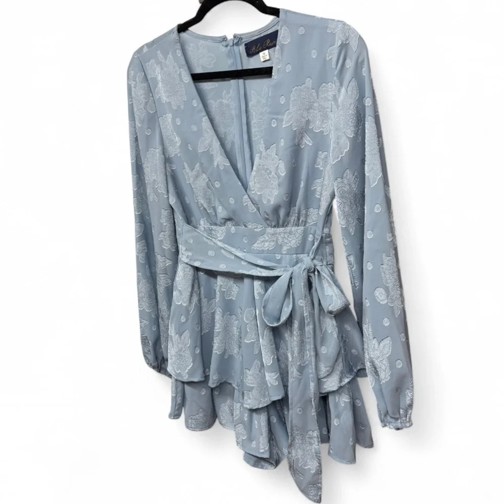 Blue Rain Floral Jacquard Long Sleeve Romper - Dusty Blue - Size Medium - Picture 3 of 10